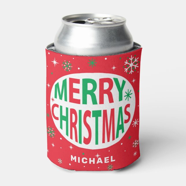 Merry Christmas Modern Red Holiday Personalized Can Cooler (Can Front)
