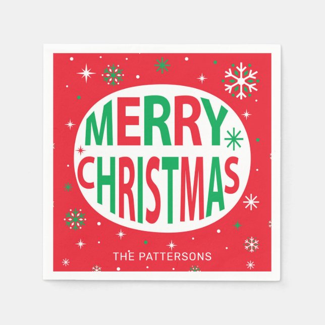 Merry Christmas Modern Red Holiday Personalized Napkins (Front)