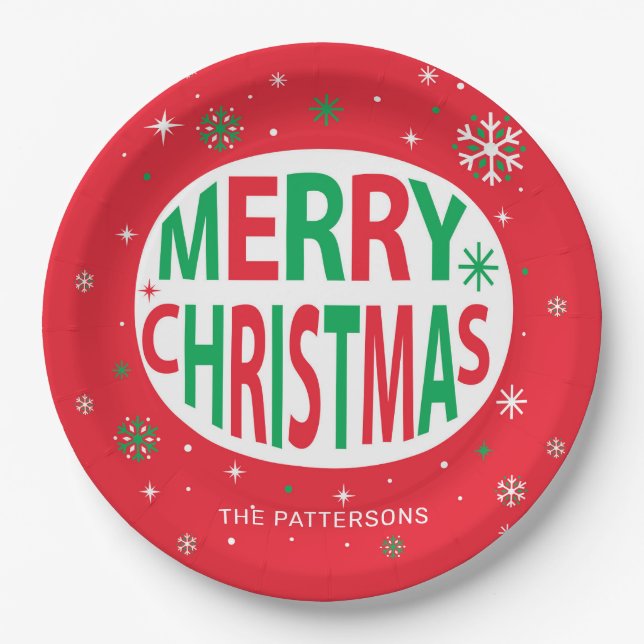 Merry Christmas Modern Red Holiday Personalized Paper Plates (Front)