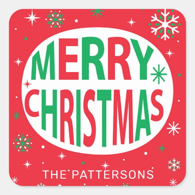 Merry Christmas Modern Red Holiday Personalized Square Sticker (Front)