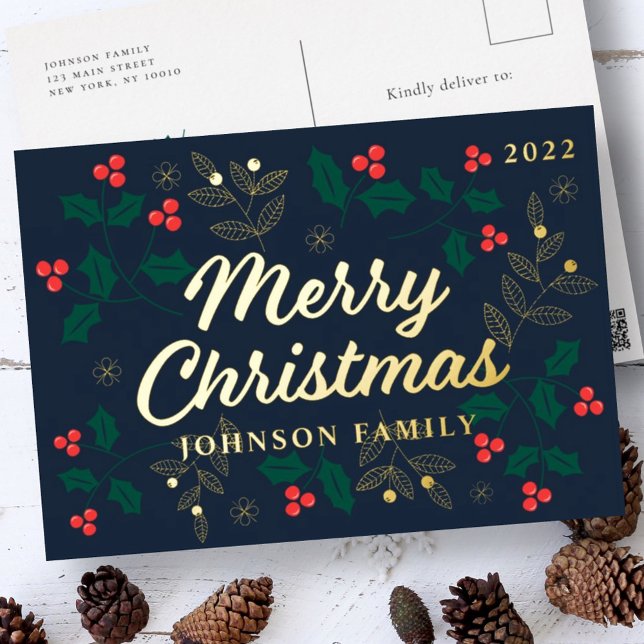 Merry Christmas Modern Red Holly Berries Foliage Foil Holiday Postcard (Creator Uploaded)