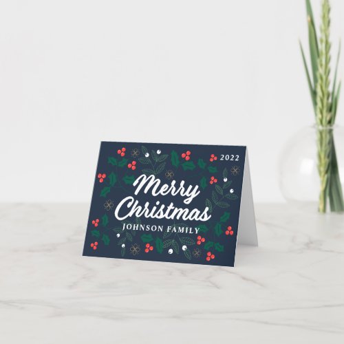 Merry Christmas Modern Red Holly Berries Foliage Holiday Card