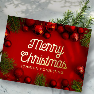 Merry Christmas Modern Red Ornaments and Pine Foil Holiday Postcard
