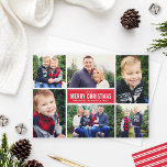 Merry Christmas Modern Red Photo Collage Holiday Card<br><div class="desc">Simple and modern style Christmas card features six (6) photos,  a custom holiday greeting,  and sleek stripes on the back side.  Colors: holiday red and white</div>