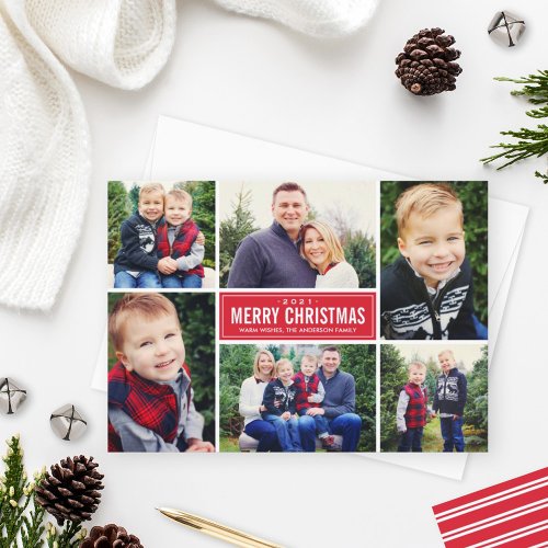Merry Christmas Modern Red Photo Collage Holiday Card