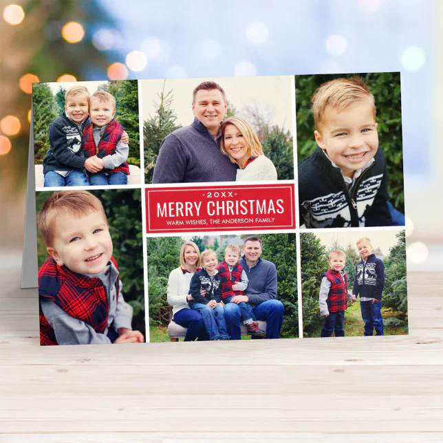 Merry Christmas Modern Red Photo Collage Holiday Card | Zazzle