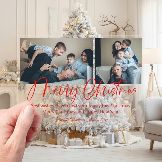 merry christmas modern red scrip 2 photos collage  acrylic invitations (Creator Uploaded)