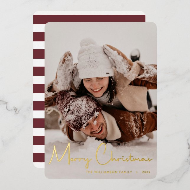 Merry Christmas Modern Red Script Stripes Photo Foil Holiday Card (Front/Back)