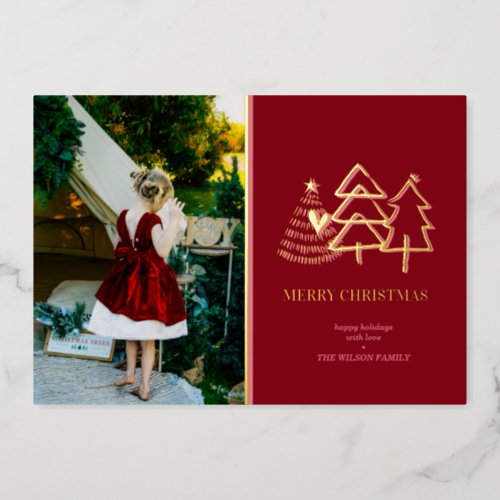 Merry Christmas Modern Red Tree Photo  Foil Holiday Card
