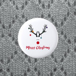 Merry Christmas modern reindeer white Pinback Button<br><div class="desc">A funny,  cute modern minimalist image of a reindeer head with a red nose.  With Christmas ornaments,  baubles hanging from the antlers. No background color,  
Colors: white,  red,  gray,  blue,  green. A handwritten style script and the text: Merry Christmas.</div>