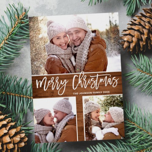Merry Christmas Modern Rustic 3 PHOTO Greeting Holiday Card