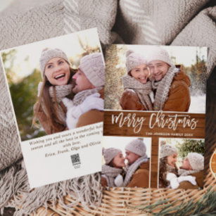 Merry Christmas Modern Rustic 4 PHOTO Greeting Holiday Card