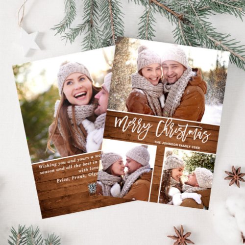 Merry Christmas Modern Rustic 4 PHOTO Greeting Holiday Card