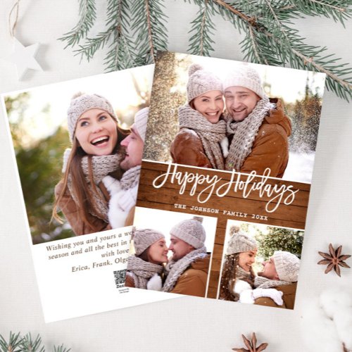 Merry Christmas Modern Rustic 4 PHOTO Greeting Holiday Card