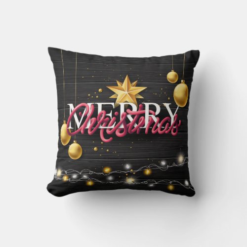Merry Christmas Modern Rustic Black Wood Gold Star Throw Pillow