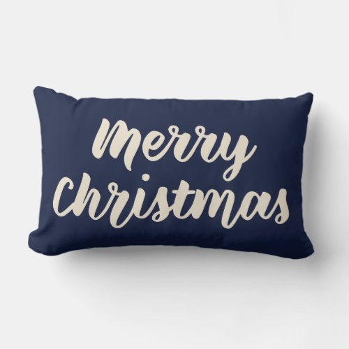 Merry Christmas Modern Rustic Script Navy Blue Lumbar Pillow