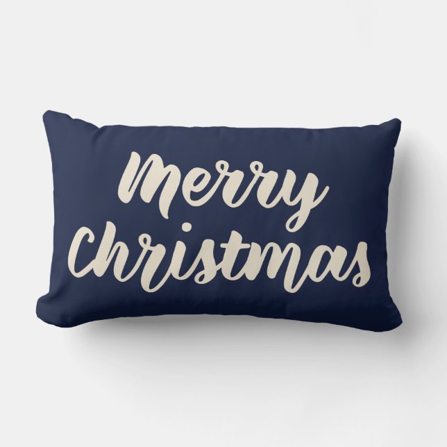 Merry Christmas Modern Rustic Script Navy Blue Lumbar Pillow (Front)