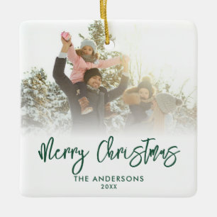Merry Christmas Modern Script 2 Photo Ceramic Ornament