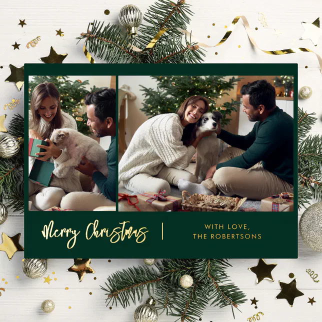 Merry Christmas Modern Script 2 Photos Gold Foil Holiday Card
