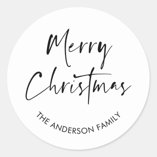 Merry Christmas Modern Script Calligraphy Family Classic Round Sticker