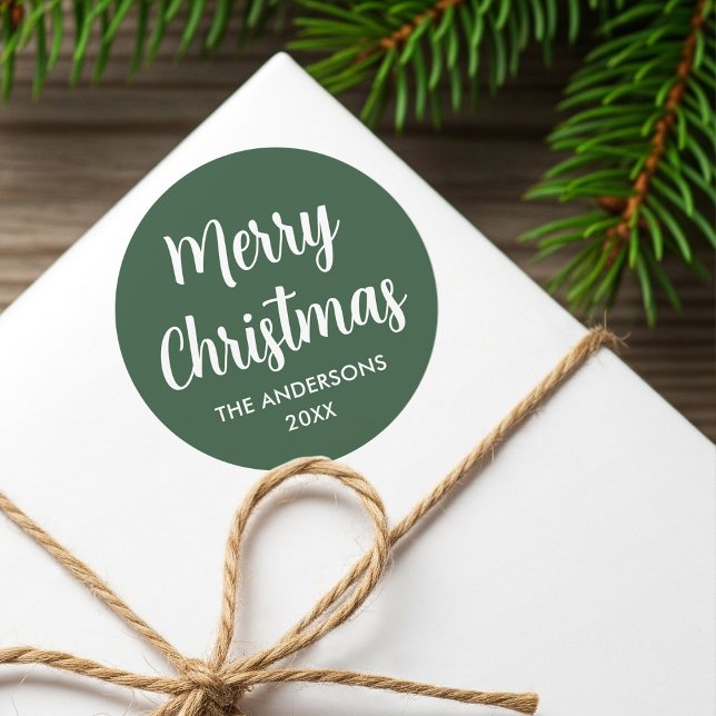 Merry Christmas Modern Script Custom Name Green Classic Round Sticker (Creator Uploaded)