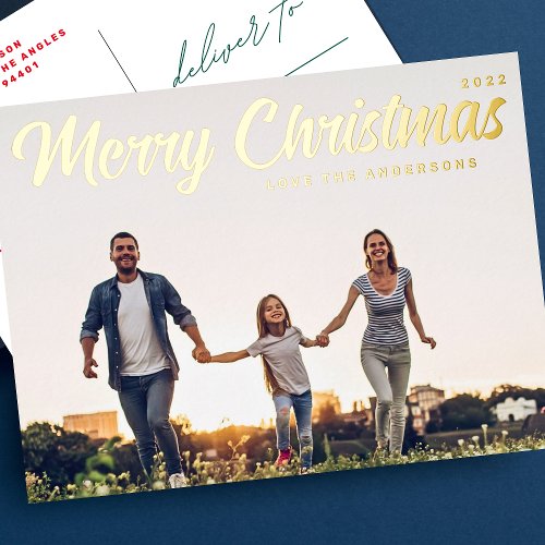 Merry Christmas MODERN Script Gold Photo Foil Holiday Postcard