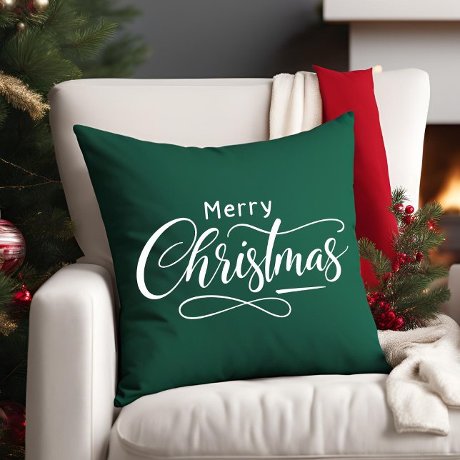 Merry Christmas Modern Script Green Family Throw Pillow (Creator Uploaded)