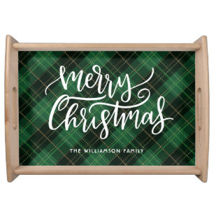 Merry Christmas Modern Script Green Plaid Holiday Serving Tray