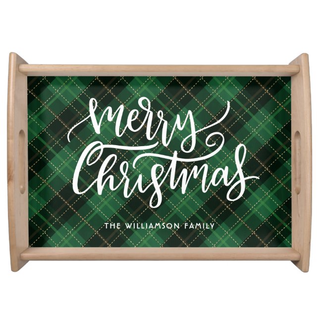 Merry Christmas Modern Script Green Plaid Holiday Serving Tray (Front)
