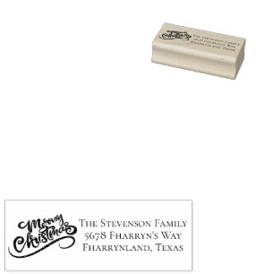 Merry Christmas Modern Script Holiday Address Rubber Stamp