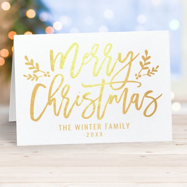 Merry Christmas Modern Script Holiday Photo Gold Foil Card (Creator Uploaded)