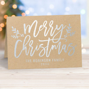 Merry Christmas Modern Script Holiday Photo Silver Foil Card