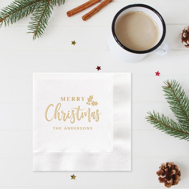 Merry Christmas Modern Script Personalized Holiday Foil Napkins (Creator Uploaded)