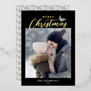 Merry Christmas Modern Script Photo Black Gold Foil Holiday Card