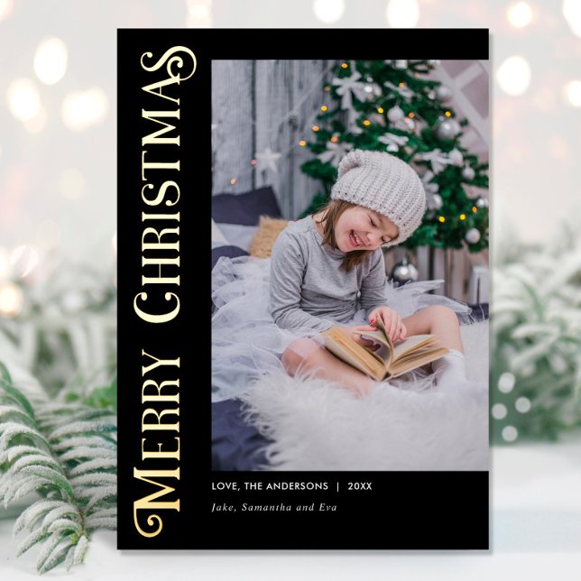 Merry Christmas Modern Script photo Christmas Foil Holiday Card (Creator Uploaded)