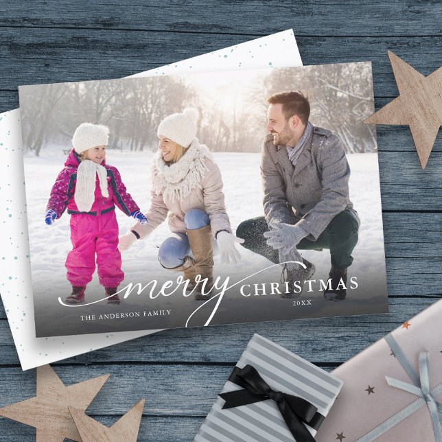 Merry Christmas Modern Script Photo Christmas Holiday Card (Creator Uploaded)
