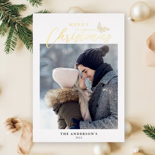 Merry Christmas Modern Script Photo Gold Foil Holiday Card