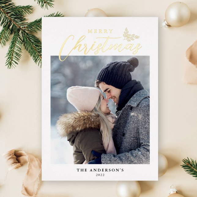 Merry Christmas Modern Script Photo Gold Foil Holiday Card (Creator Uploaded)