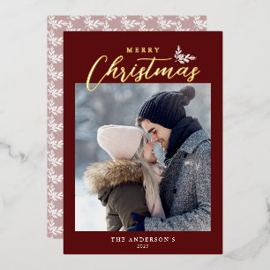 Merry Christmas Modern Script Photo Red Gold Foil Holiday Card
