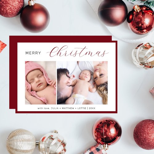 Merry Christmas Modern Script Two Photo Collage  Holiday Card