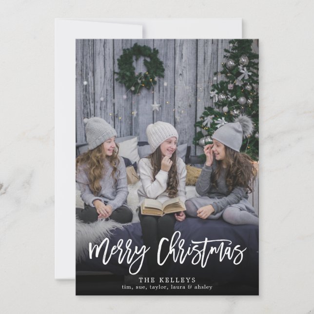 Merry Christmas Modern Script, Vertical Full Photo Holiday Card (Front)