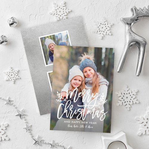 Merry Christmas Modern Silver Script Photo Collage Holiday Card