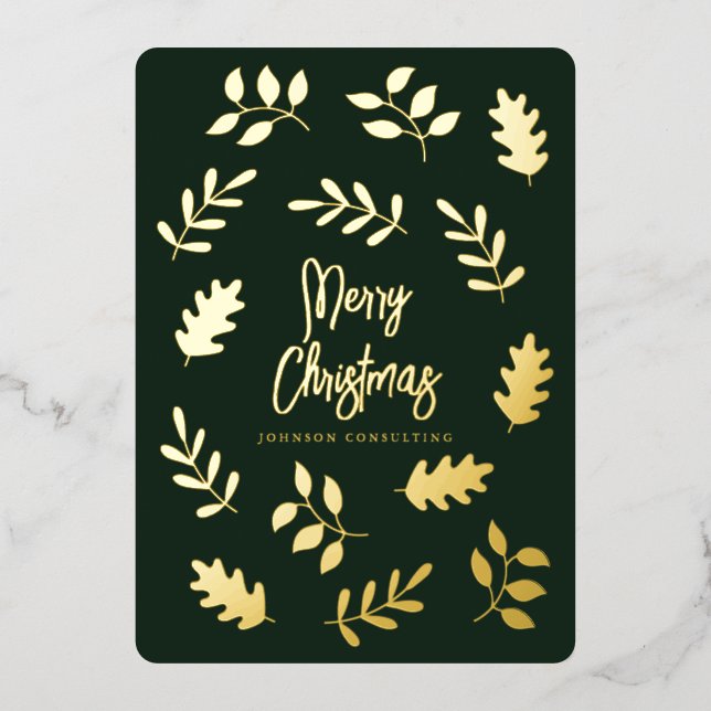 Merry Christmas Modern Simple Foliage Botanical Foil Holiday Card (Front)