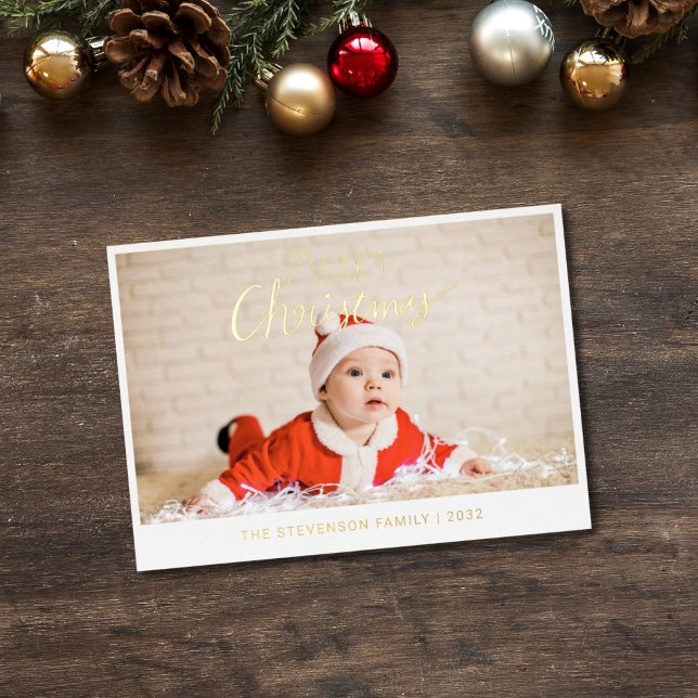Merry Christmas modern simple photo gold Foil Holiday Card (Creator Uploaded)