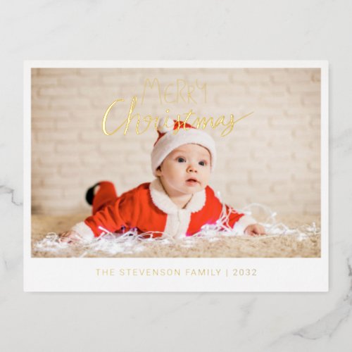 Merry Christmas modern simple photo gold Foil Holiday Postcard