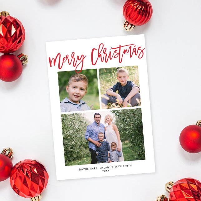Merry Christmas Modern Simple Red Script 3 Photo  Holiday Card (Creator Uploaded)