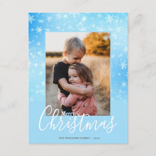 Merry Christmas Modern Snowy Winter Blue Photo Holiday Postcard