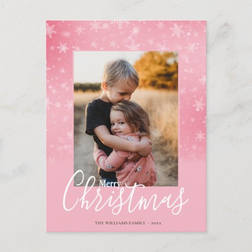 Merry Christmas Modern Snowy Winter Pink Photo Holiday Postcard