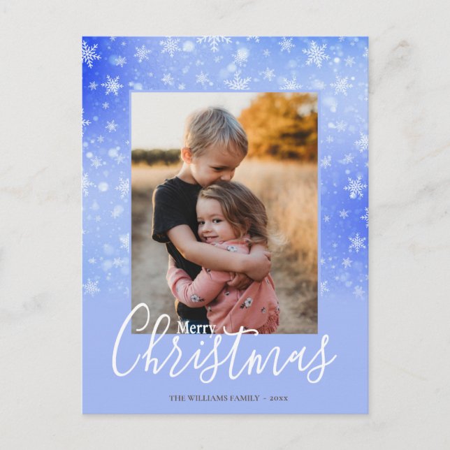 Merry Christmas Modern Snowy Winter Purple Photo Holiday Postcard (Front)