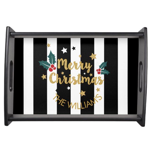 Merry Christmas Modern Stripes & Glitter Serving Tray (Front)